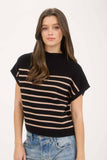 STRIPE MOCK NECK SHORT SLEEVE KNIT SWEATER