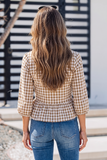 Plaid 3/4 Sleeve Shirred Peplum Top