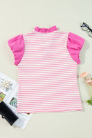 Stripe Ruffled V Neck Cap Puff Sleeve Top