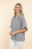 Vertical Stripe Bubble Sleeve Scallop Hem Blouse