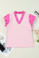 Stripe Ruffled V Neck Cap Puff Sleeve Top