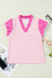 Stripe Ruffled V Neck Cap Puff Sleeve Top
