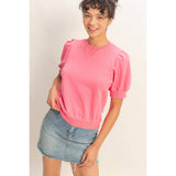 Puff Sleeve V-Stitch Crew Neck Top