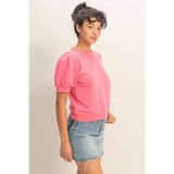 Puff Sleeve V-Stitch Crew Neck Top