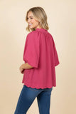 Vertical Stripe Bubble Sleeve Scallop Hem Blouse