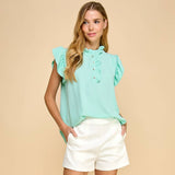 Solid Top with Ruffled Sleeves and Button Detail