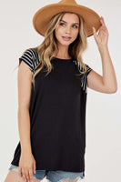 Short Sleeve Round Neck Tee with Stripe Sleeves