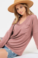 Long Sleeve Deep V Neck Waffle Top
