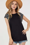 Short Sleeve Round Neck Tee with Stripe Sleeves