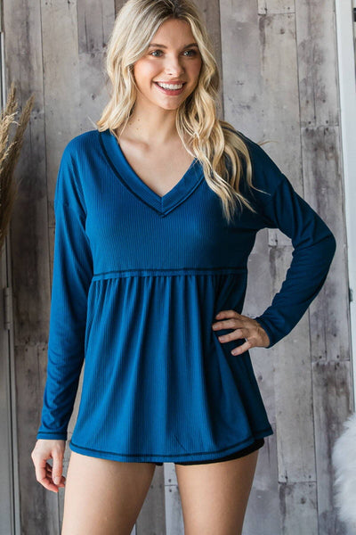 Rib V-neck long sleeve top