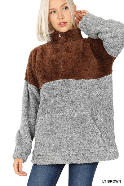 Contrast Melange Faux Fur Half Zip Pullover