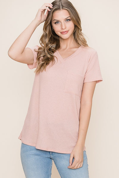 V-Neck Waffle Knit Pocket Top