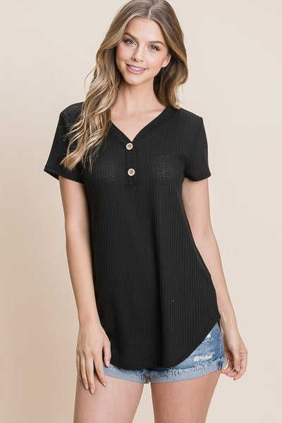 Decorative Buttons Waffle Knit Top