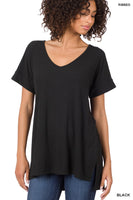 Ribbed V Neck Hi Low Hem Top with Side Slits