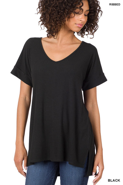 Ribbed V Neck Hi Low Hem Top with Side Slits
