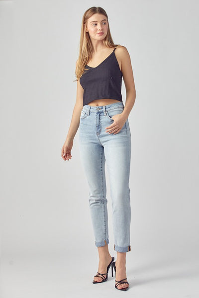 Risen High Rise Rolled Up Girlfriend Jeans - Light Wash
