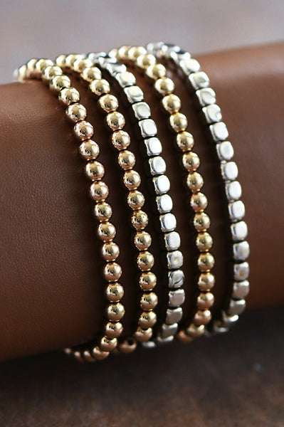 Mixed Gold and Silver Stretch Beaded Bracelet Set
