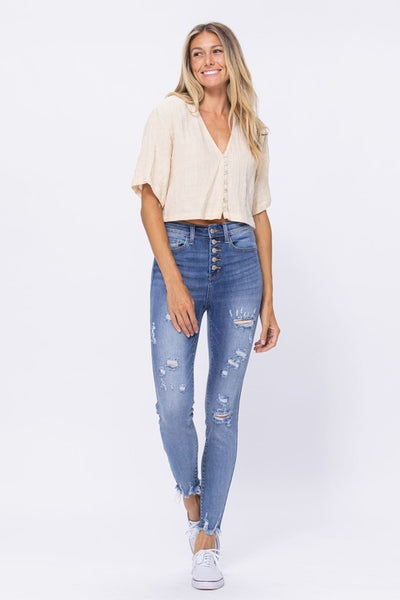 Judy Blue High Rise Skinny Destroyed Button Fly Jeans