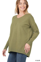 Hi- Low Garment Dyed V-Neck Front Seam Sweater