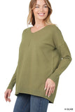 Hi- Low Garment Dyed V-Neck Front Seam Sweater