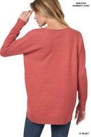 Hi- Low Garment Dyed V-Neck Front Seam Sweater