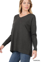 Hi- Low Garment Dyed V-Neck Front Seam Sweater