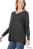 Hi- Low Garment Dyed V-Neck Front Seam Sweater
