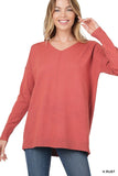 Hi- Low Garment Dyed V-Neck Front Seam Sweater