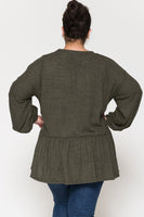 Plus - Round Neck Ruffled Bottom Bishop Sleeve Top