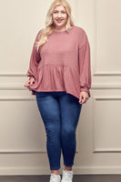 Plus - Round Neck Ruffled Bottom Bishop Sleeve Top