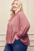 Plus - Round Neck Ruffled Bottom Bishop Sleeve Top