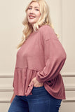 Plus - Round Neck Ruffled Bottom Bishop Sleeve Top