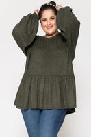 Plus - Round Neck Ruffled Bottom Bishop Sleeve Top