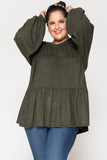 Plus - Round Neck Ruffled Bottom Bishop Sleeve Top