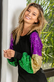 Mardi Gras Long Sleeve Sequin Sleeve Color Block Top