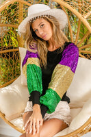 Mardi Gras Long Sleeve Sequin Sleeve Color Block Top