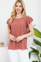 Solid Ruffle Sleeve Swiss Dot Top