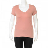 PLUS SIZE V-NECK LIGHTWEIGHT ELASTIC BASIC SHORT SLEEVE TEE