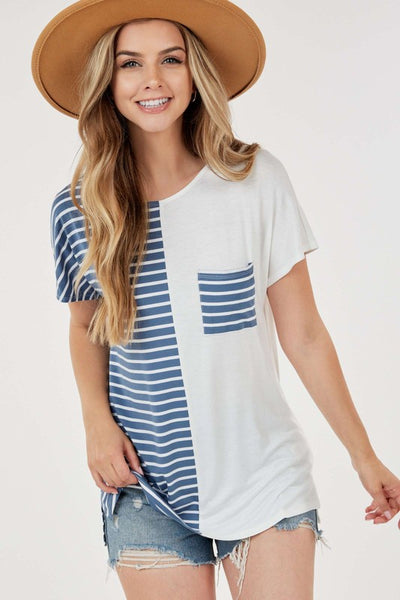 Round Neck Split Stripe and Solid Top