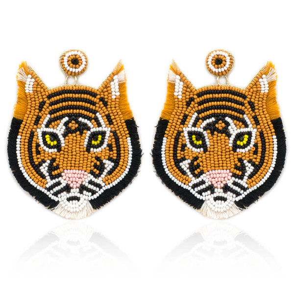 Seed Bead Tiger Fabric Post Drop Earrings