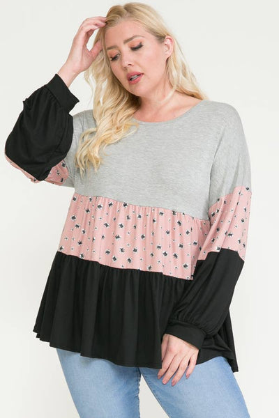 PLUS SIZE MULTI COLOR BLOCK RUFFLED TOP