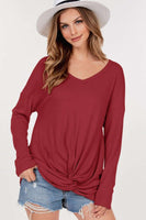 Waffle Knit Long Sleeve Tunic Top with Front Knot