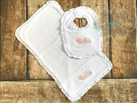 Embroidered Ruffle Bib and Burp Cloth Set