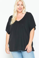 PLUS SIZE SIDE SLIT WITH V-NECK DOLMAN SHORT SLEEVE BLOUSE