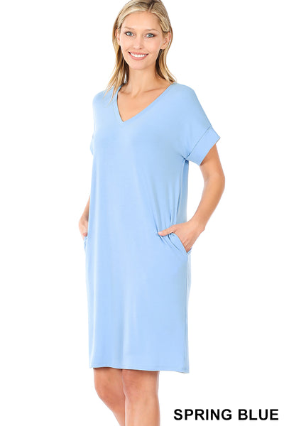 Rolled Short Sleeve V-Neck Dress