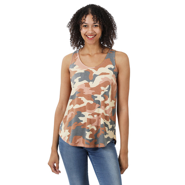 Camo Sleeveless Round Neck and Hem Top