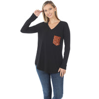 Long Sleeve V-Neck Sequin Pocket Top