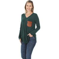 Long Sleeve V-Neck Sequin Pocket Top
