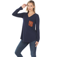Long Sleeve V-Neck Sequin Pocket Top