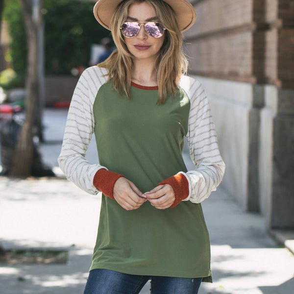 Color Block Stripe Sleeve Casual Knit Top